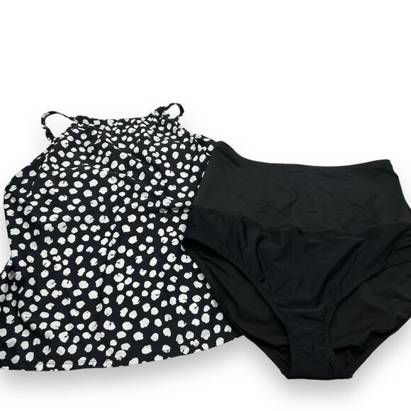 NEW Island Escapes Black & White Polka Dot Tankini Set swimsuit 16 High Waist - Picture 2 of 11